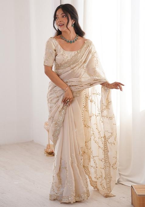 White Embellished Satin Saree Set