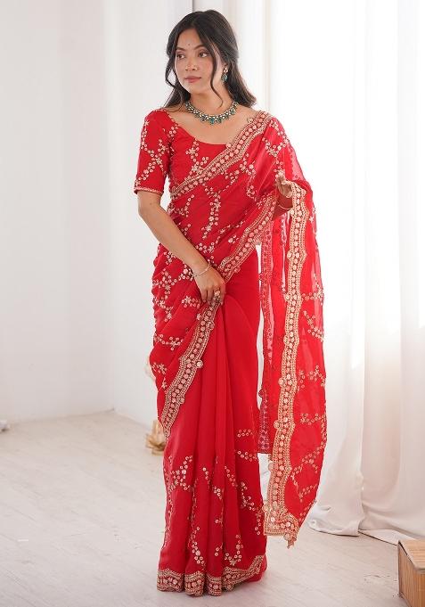 Red Embellished Satin Saree Set