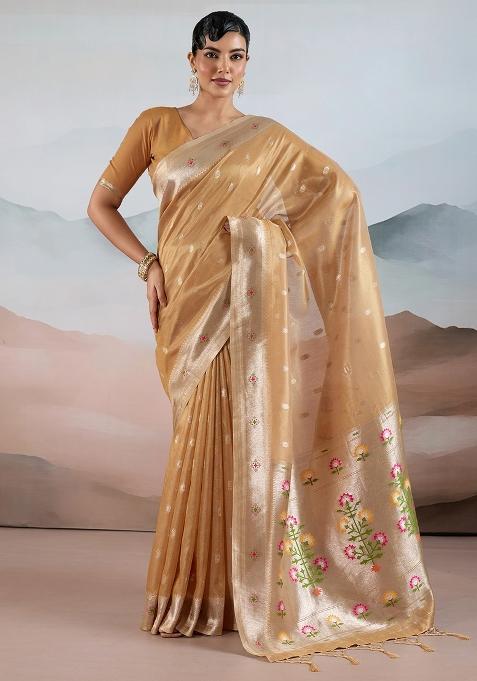 Mustard Woven Design Tissue Saree Set — view on Indya