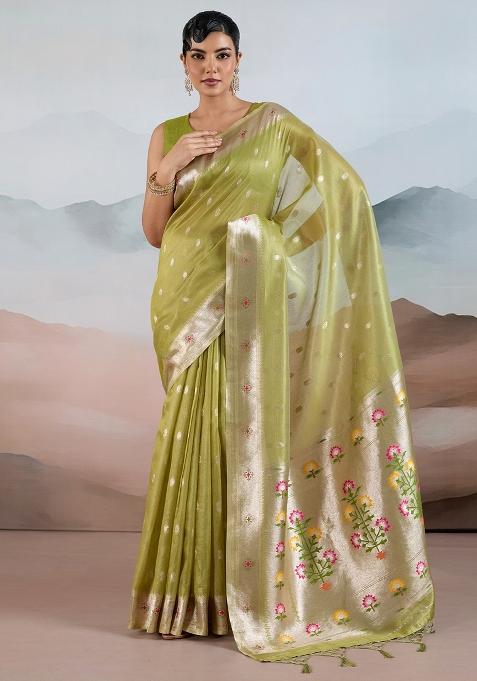 Light Green Woven Design Tissue Saree Set — view on Indya