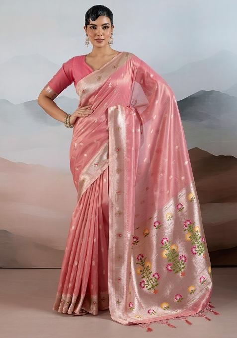 Pink Woven Design Tissue Saree Set — view on Indya