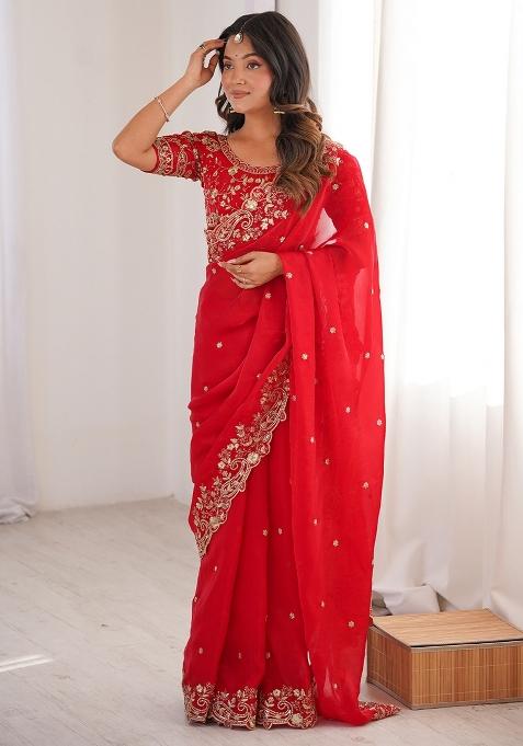 Red Embellished Satin Saree Set — view on Indya