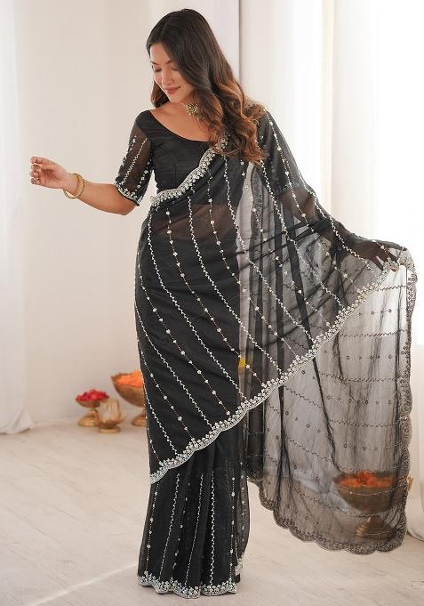 Black Embellished Satin Saree Set
