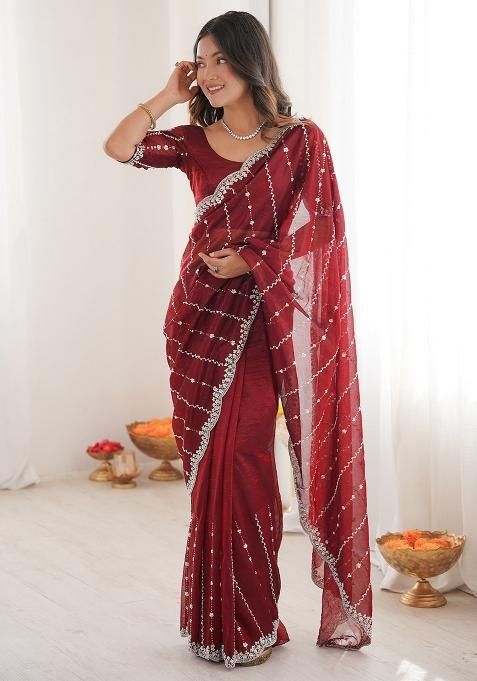 Burgundy Embellished Satin Saree Set — view on Indya