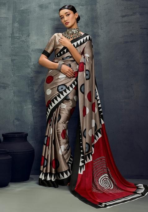Grey Printed Satin Saree Set