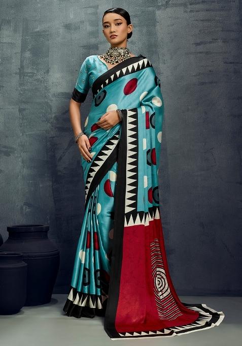 Light Blue Printed Satin Saree Set