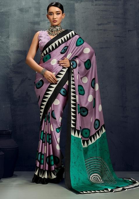 Purple Printed Satin Saree Set