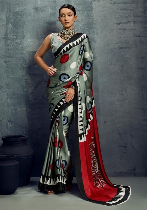 Sea Green Printed Satin Saree Set