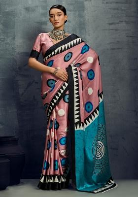 Pink Printed Satin Saree Set