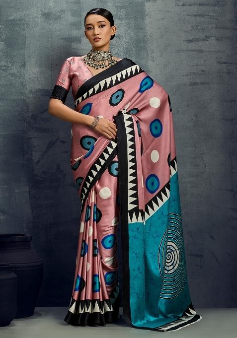 Pink Printed Satin Saree Set