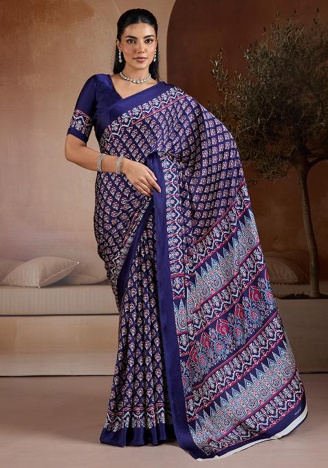 Blue Printed Satin Saree Set
