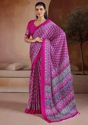 Pink Printed Satin Saree Set