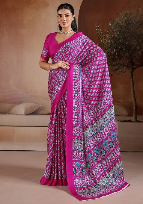 Pink Printed Satin Saree Set