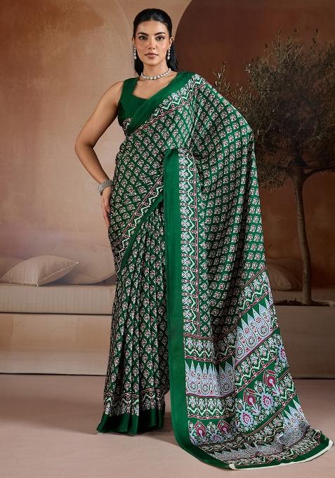 Green Printed Satin Saree Set