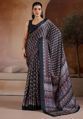 Black Printed Satin Saree Set