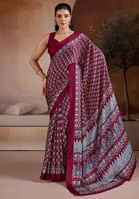 Burgundy Printed Satin Saree Set