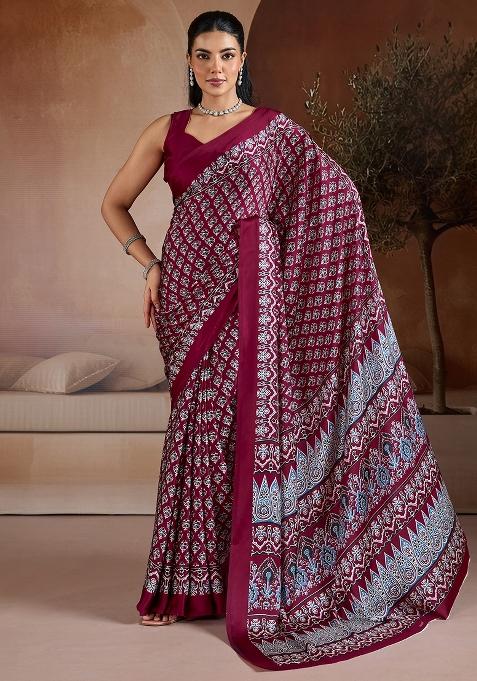 Burgundy Printed Satin Saree Set