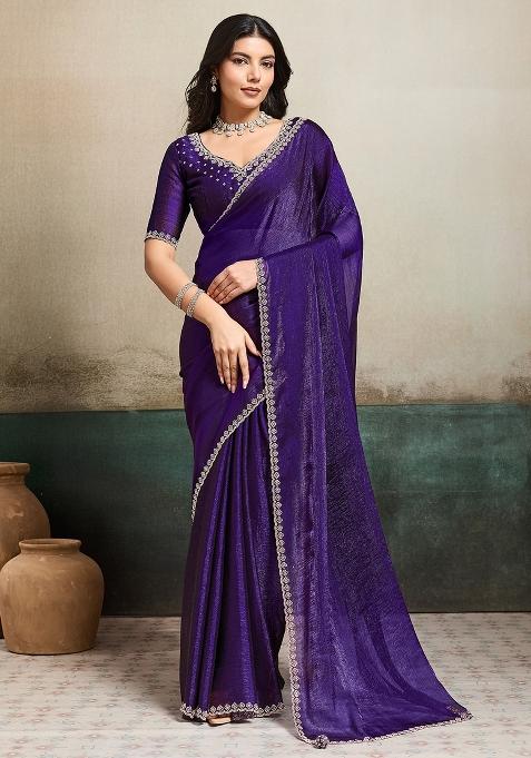 Purple Embellished Chiffon Saree Set