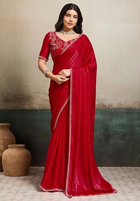 Red Embellished Chiffon Saree Set