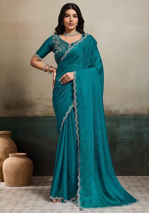 Light Blue Embellished Chiffon Saree Set