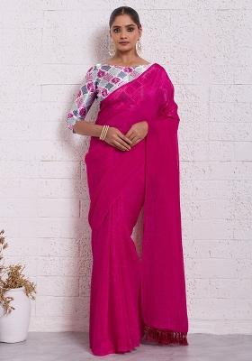 Pink Solid Tissue Saree Set