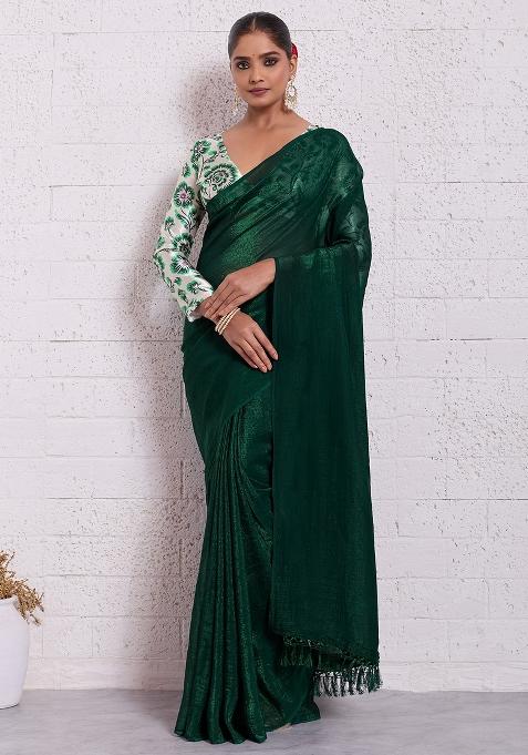 Green Solid Tissue Saree Set — view on Indya