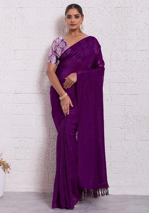 Purple Solid Tissue Saree Set