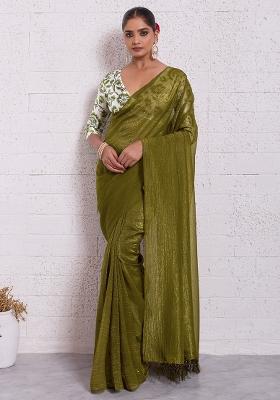 Olive Solid Tissue Saree Set