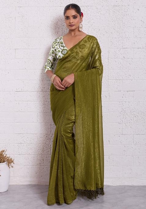 Olive Solid Tissue Saree Set