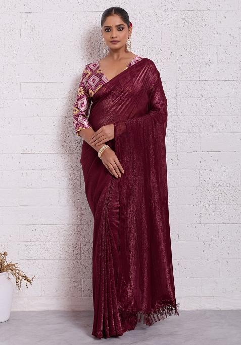Maroon Solid Tissue Saree Set
