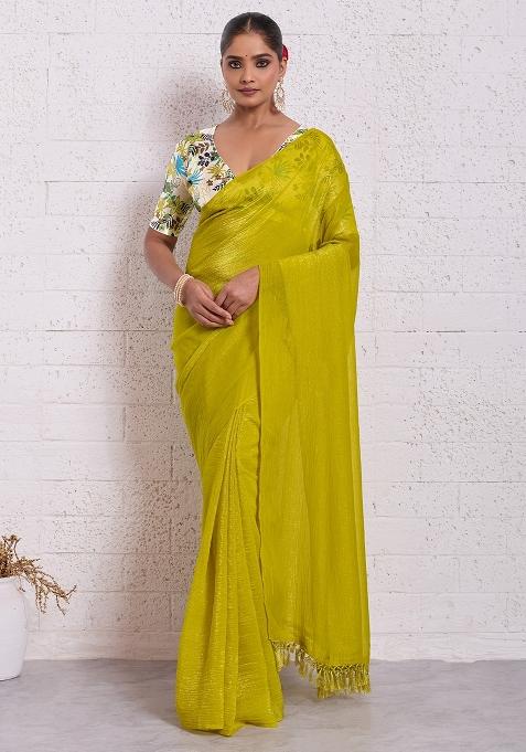 Light Green Solid Tissue Saree Set — view on Indya