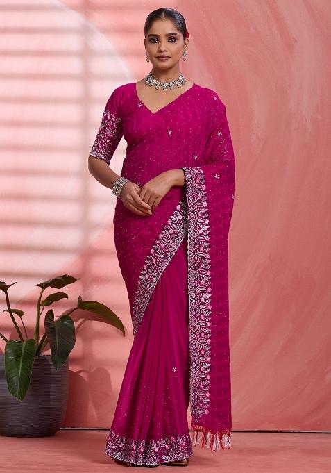 Pink Embellished Chiffon Saree Set