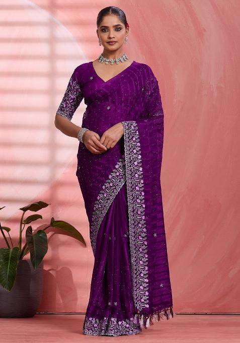 Purple Embellished Chiffon Saree Set