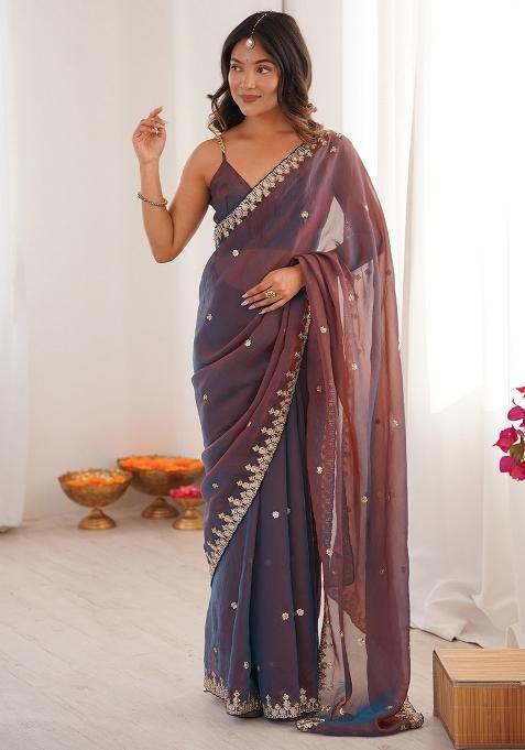 Metallic Embellished Chiffon Saree Set