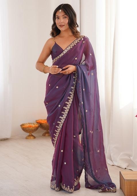 Purple Embellished Chiffon Saree Set