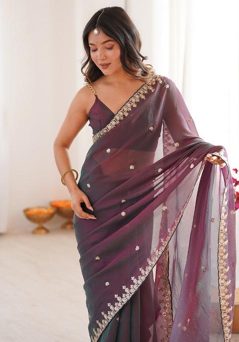 Metallic Embellished Chiffon Saree Set