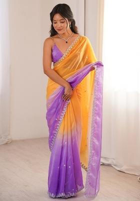 Yellow Embellished Satin Saree Set