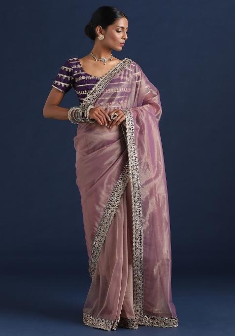 Lavender Embellished Net Saree Set