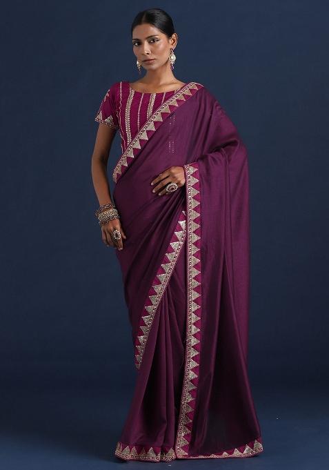 Purple Embellished Silk Blend Saree Set