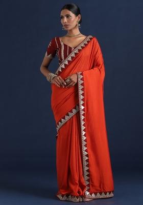 Rust Embellished Silk Blend Saree Set