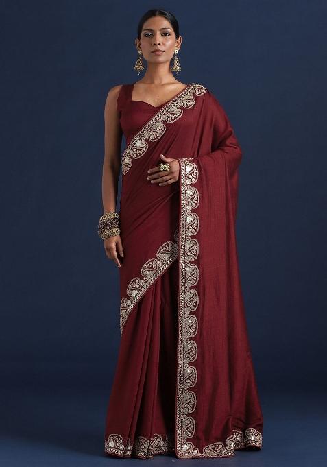 Maroon Embellished Silk Saree Set