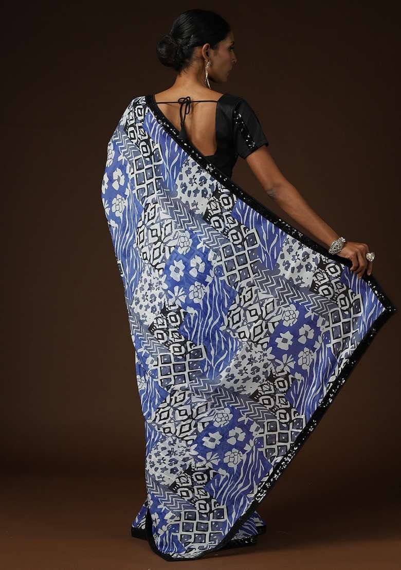 Light Blue Printed Georgette Saree Set for Diwali and Festive Wear - Indya