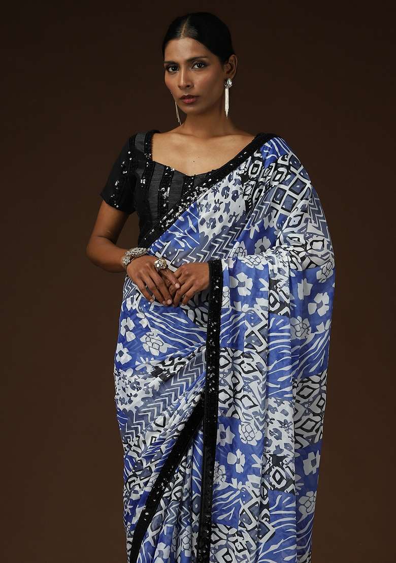 Light Blue Printed Georgette Saree Set for Diwali and Festive Wear - Indya