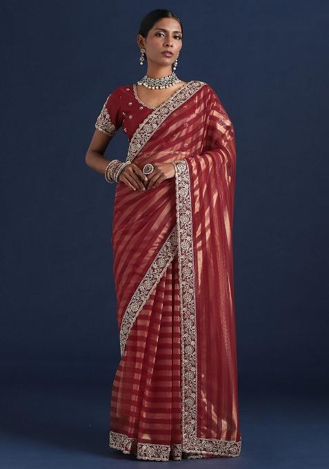 Maroon Embellished Net Saree Set