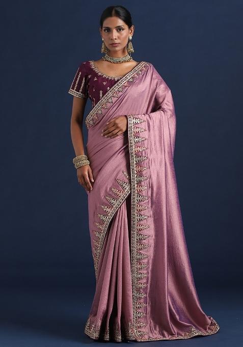 Lavender Embellished Silk Blend Saree Set