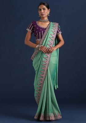 Sea Green Embellished Silk Blend Saree Set
