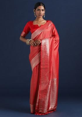 Red Woven Design Silk Blend Saree Set