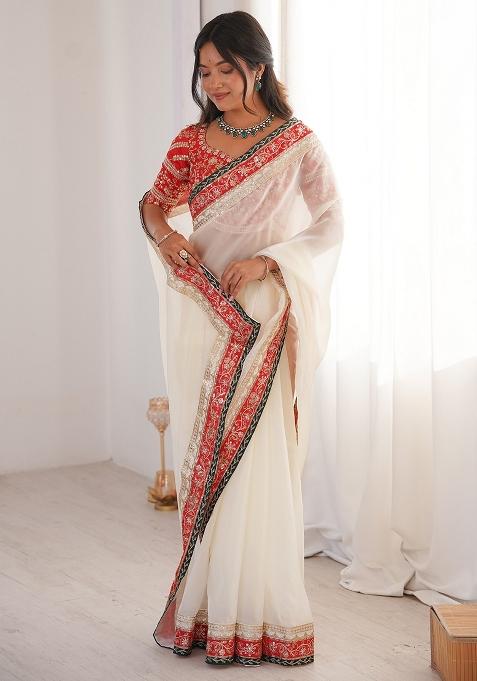 White Embellished Satin Saree Set