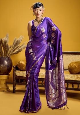 Purple Woven Design Satin Saree Set
