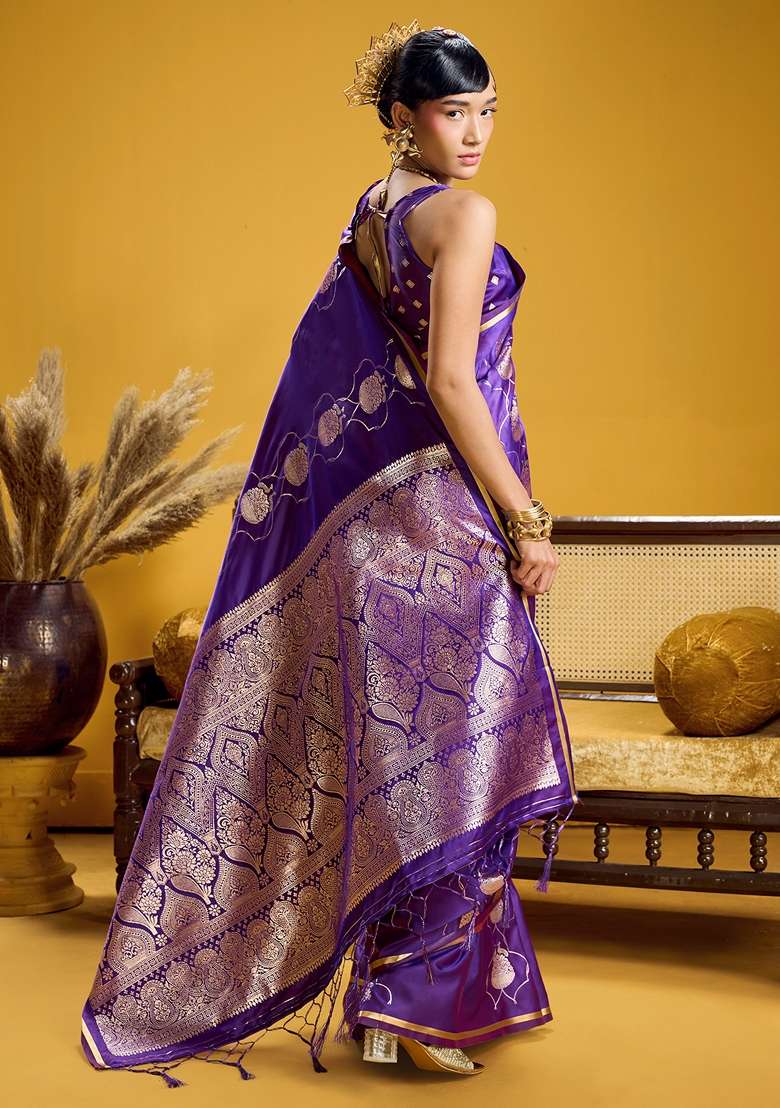 Purple Woven Design Satin Saree Set for Diwali | Wedding & Festive Wear - Indya